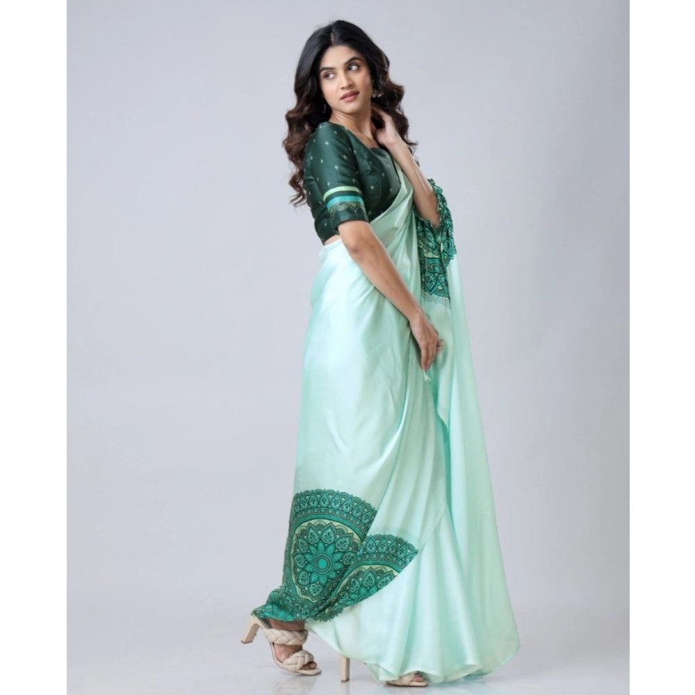 Women's Soft Crepe Silk Printed Ready To Wear Saree With Unstitched Blouse 5.5Mtr (Green)