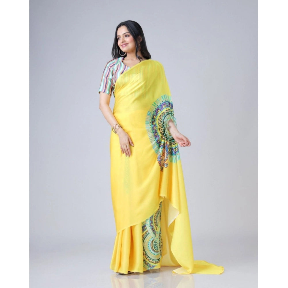 Women's Soft Crepe Silk Printed Ready To Wear Saree With Unstitched Blouse 5.5Mtr (Yellow)