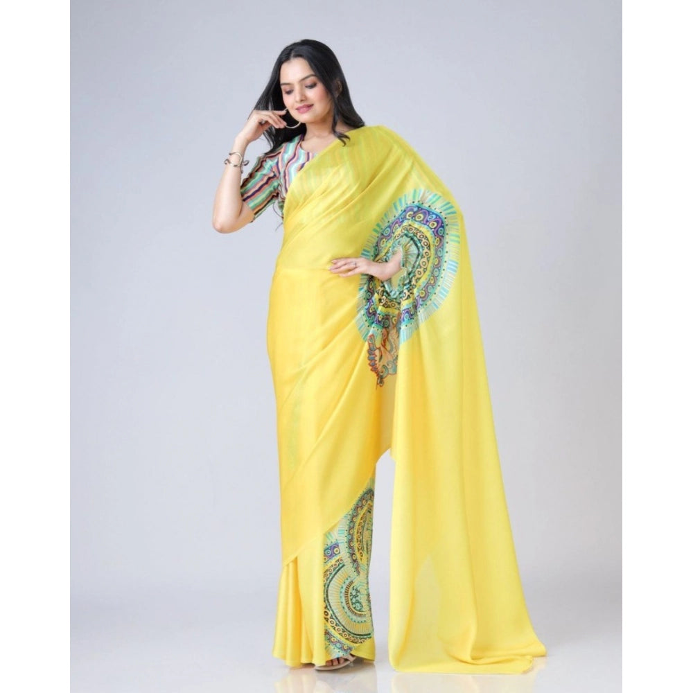 Women's Soft Crepe Silk Printed Ready To Wear Saree With Unstitched Blouse 5.5Mtr (Yellow)