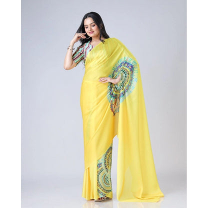 Women's Soft Crepe Silk Printed Ready To Wear Saree With Unstitched Blouse 5.5Mtr (Yellow)