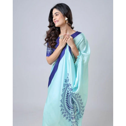 Women's Soft Crepe Silk Printed Ready To Wear Saree With Unstitched Blouse 5.5Mtr (Turquoise)