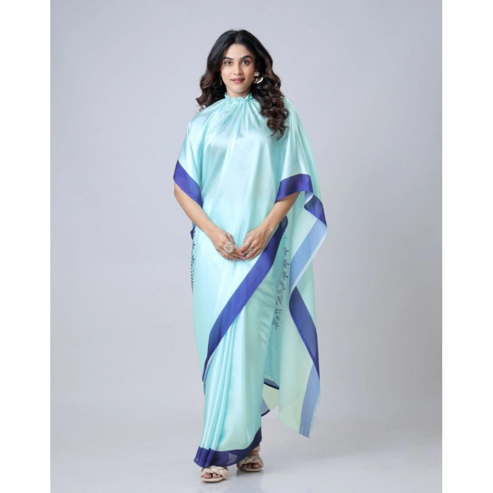 Women's Soft Crepe Silk Printed Ready To Wear Saree With Unstitched Blouse 5.5Mtr (Turquoise)