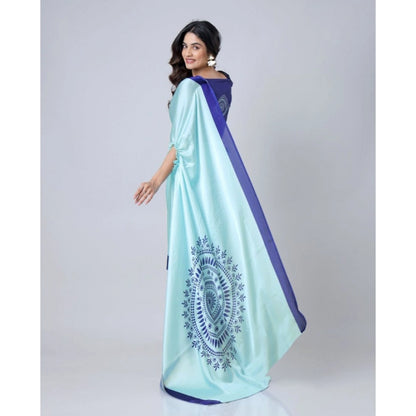 Women's Soft Crepe Silk Printed Ready To Wear Saree With Unstitched Blouse 5.5Mtr (Turquoise)
