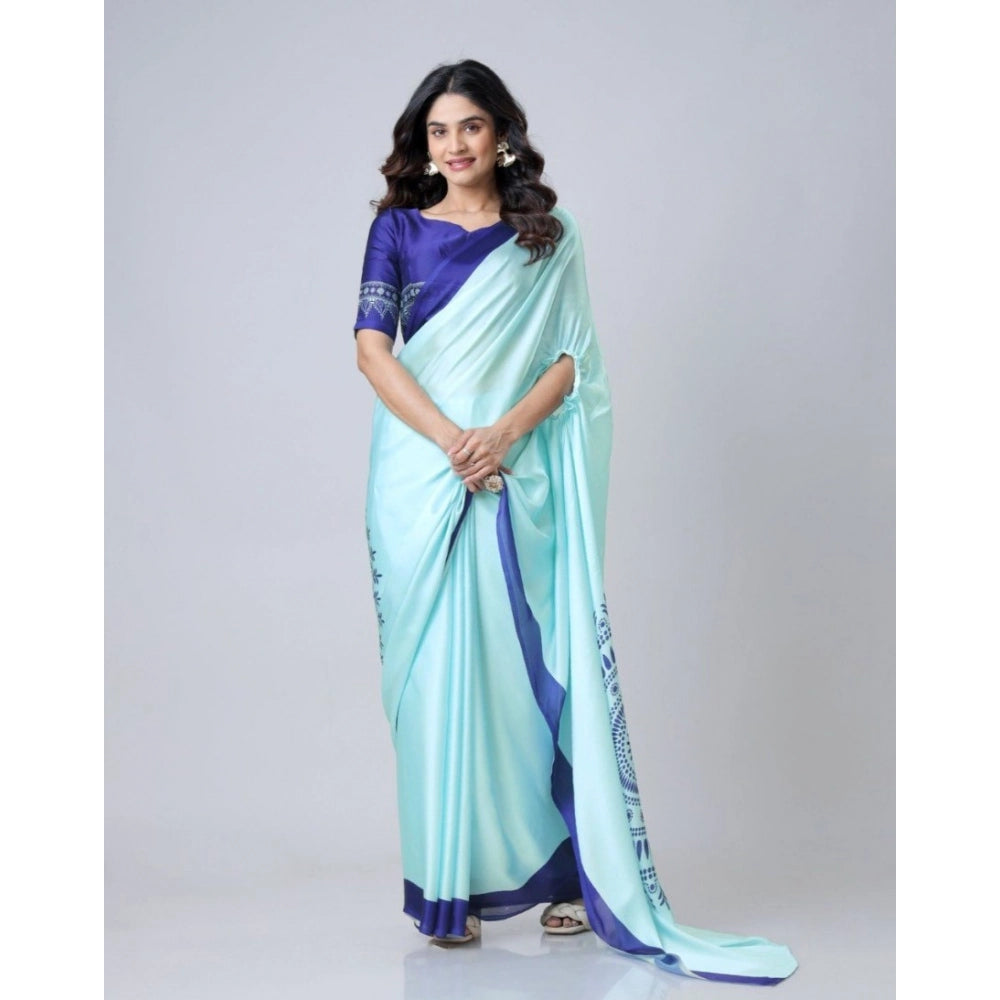 Women's Soft Crepe Silk Printed Ready To Wear Saree With Unstitched Blouse 5.5Mtr (Turquoise)