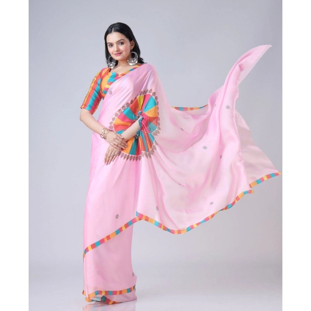 Women's Soft Crepe Silk Printed Ready To Wear Saree With Unstitched Blouse 5.5Mtr (Pink)