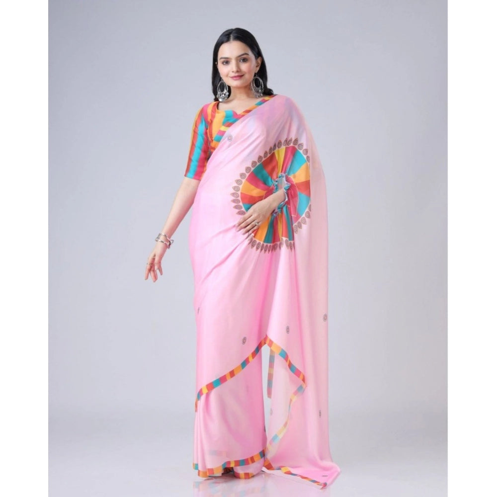 Women's Soft Crepe Silk Printed Ready To Wear Saree With Unstitched Blouse 5.5Mtr (Pink)