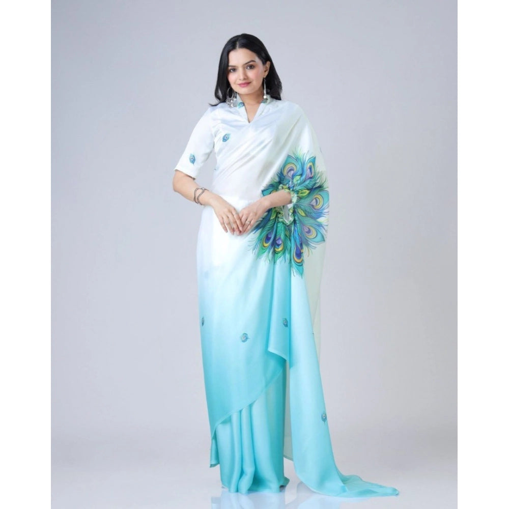 Women's Soft Crepe Silk Printed Ready To Wear Saree With Unstitched Blouse 5.5Mtr (Sky Blue)