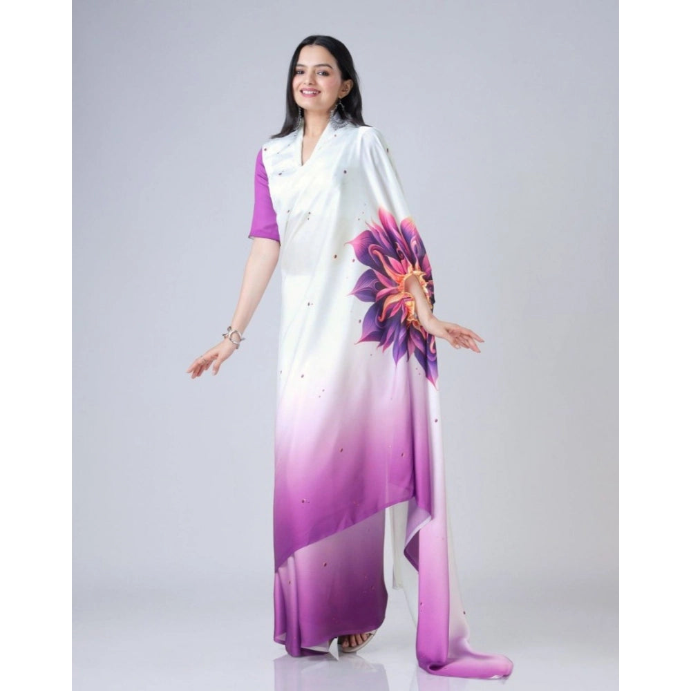 Women's Soft Crepe Silk Printed Ready To Wear Saree With Unstitched Blouse 5.5Mtr (Purple)