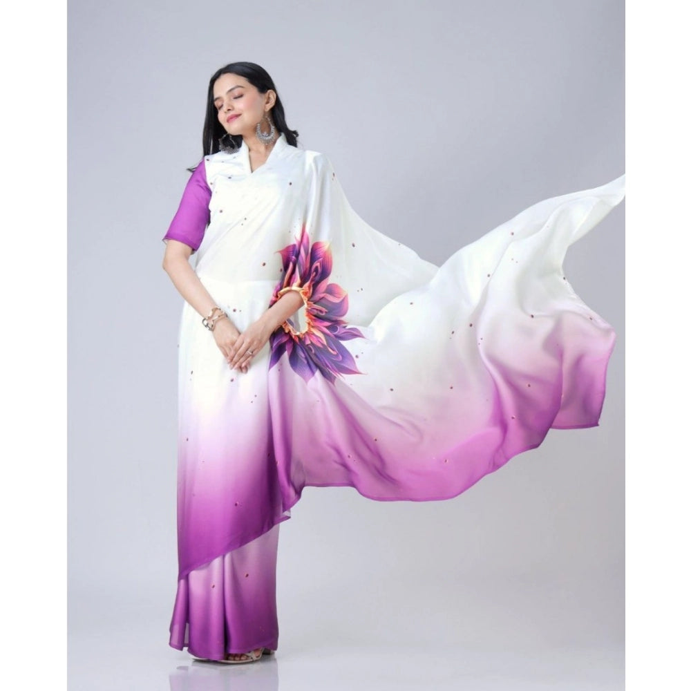 Women's Soft Crepe Silk Printed Ready To Wear Saree With Unstitched Blouse 5.5Mtr (Purple)