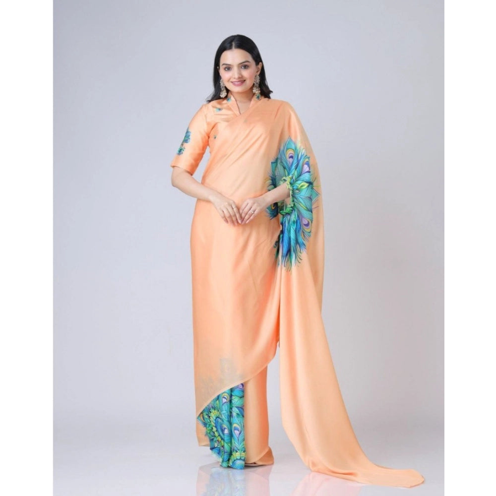 Women's Soft Crepe Silk Printed Ready To Wear Saree With Unstitched Blouse 5.5Mtr (Orange)