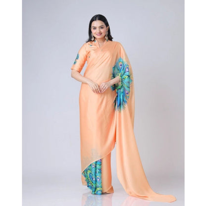 Women's Soft Crepe Silk Printed Ready To Wear Saree With Unstitched Blouse 5.5Mtr (Orange)