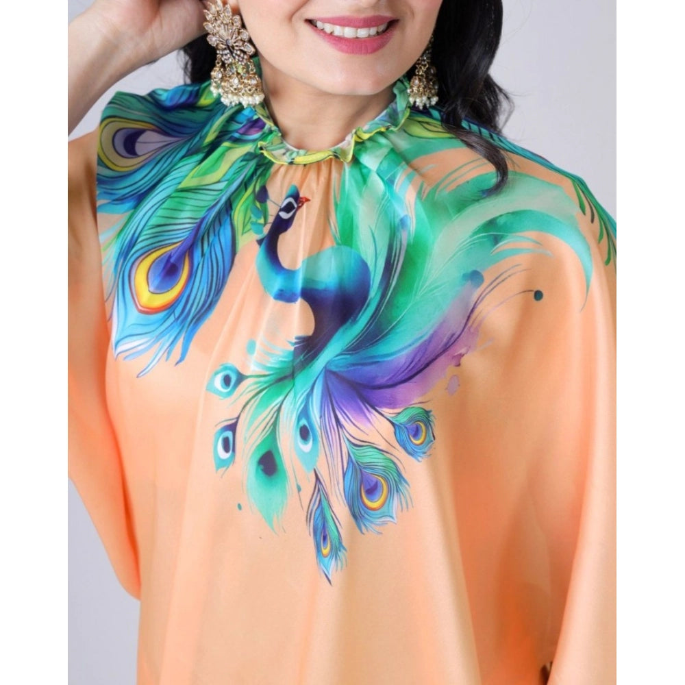 Women's Soft Crepe Silk Printed Ready To Wear Saree With Unstitched Blouse 5.5Mtr (Orange)