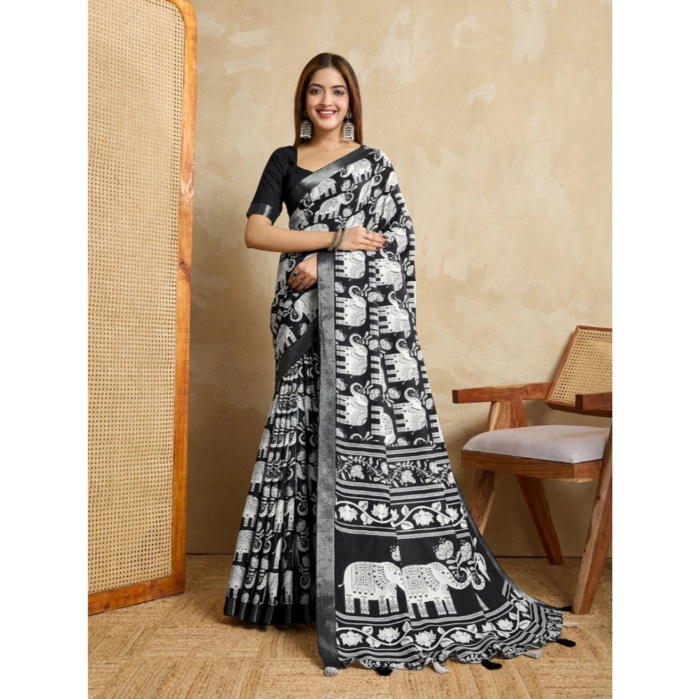 Women's Silk Blend Printed Saree With Unstitched Blouse 5.5Mtr (Black)