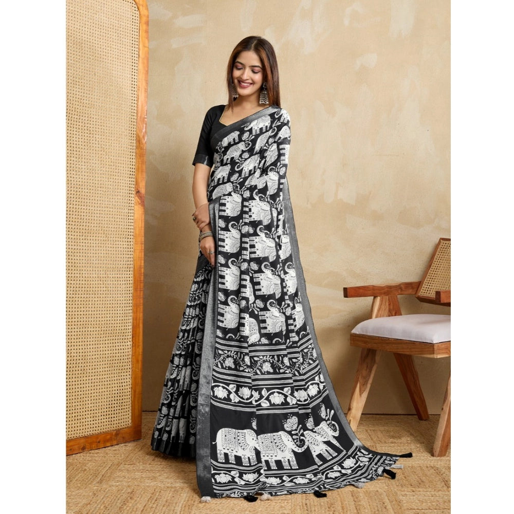 Women's Silk Blend Printed Saree With Unstitched Blouse 5.5Mtr (Black)