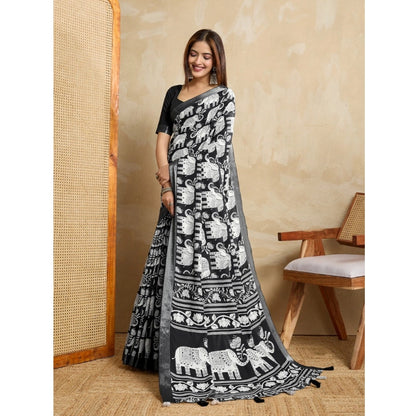 Women's Silk Blend Printed Saree With Unstitched Blouse 5.5Mtr (Black)