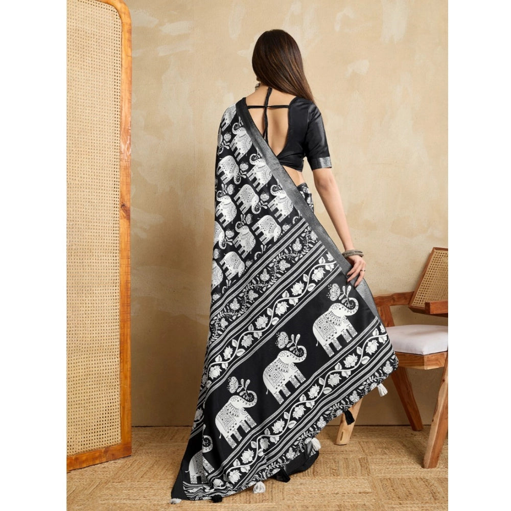 Women's Silk Blend Printed Saree With Unstitched Blouse 5.5Mtr (Black)