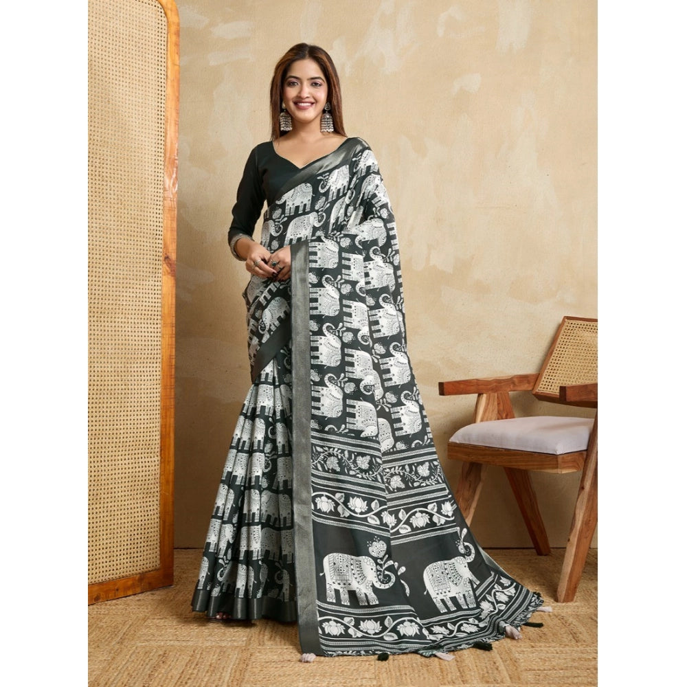 Women's Silk Blend Printed Saree With Unstitched Blouse 5.5Mtr (Green)