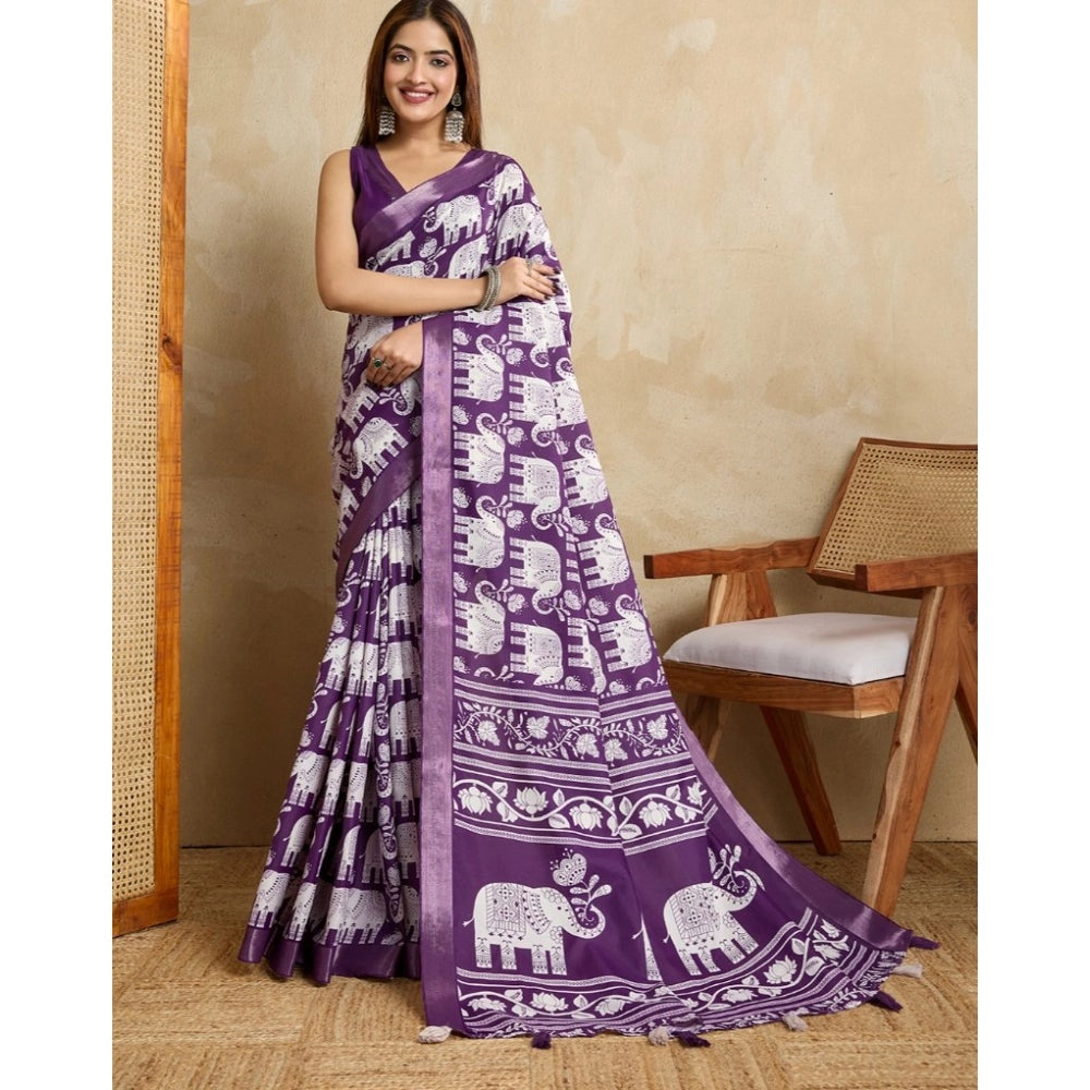 Women's Silk Blend Printed Saree With Unstitched Blouse 5.5Mtr (Purple)