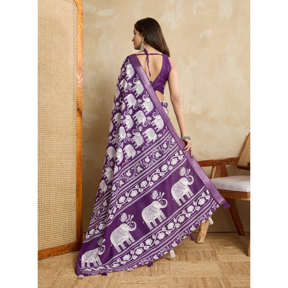 Women's Silk Blend Printed Saree With Unstitched Blouse 5.5Mtr (Purple)