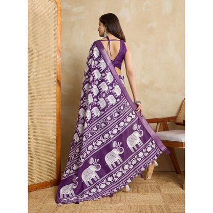 Women's Silk Blend Printed Saree With Unstitched Blouse 5.5Mtr (Purple)