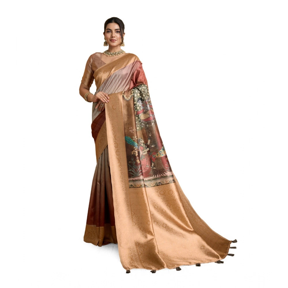 Women's Silk Printed Saree With Unstitched Blouse 5.5Mtr (Brown)