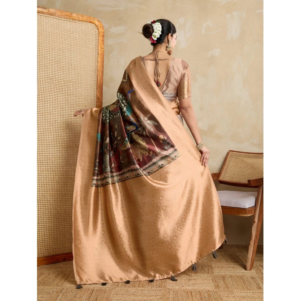Women's Silk Printed Saree With Unstitched Blouse 5.5Mtr (Brown)