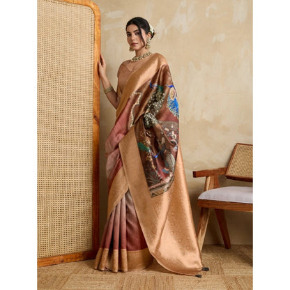 Women's Silk Printed Saree With Unstitched Blouse 5.5Mtr (Brown)