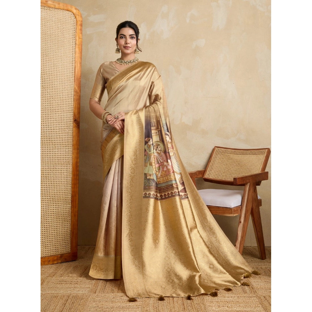 Women's Silk Printed Saree With Unstitched Blouse 5.5Mtr (Gold)