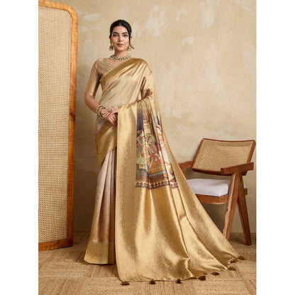 Women's Silk Printed Saree With Unstitched Blouse 5.5Mtr (Gold)