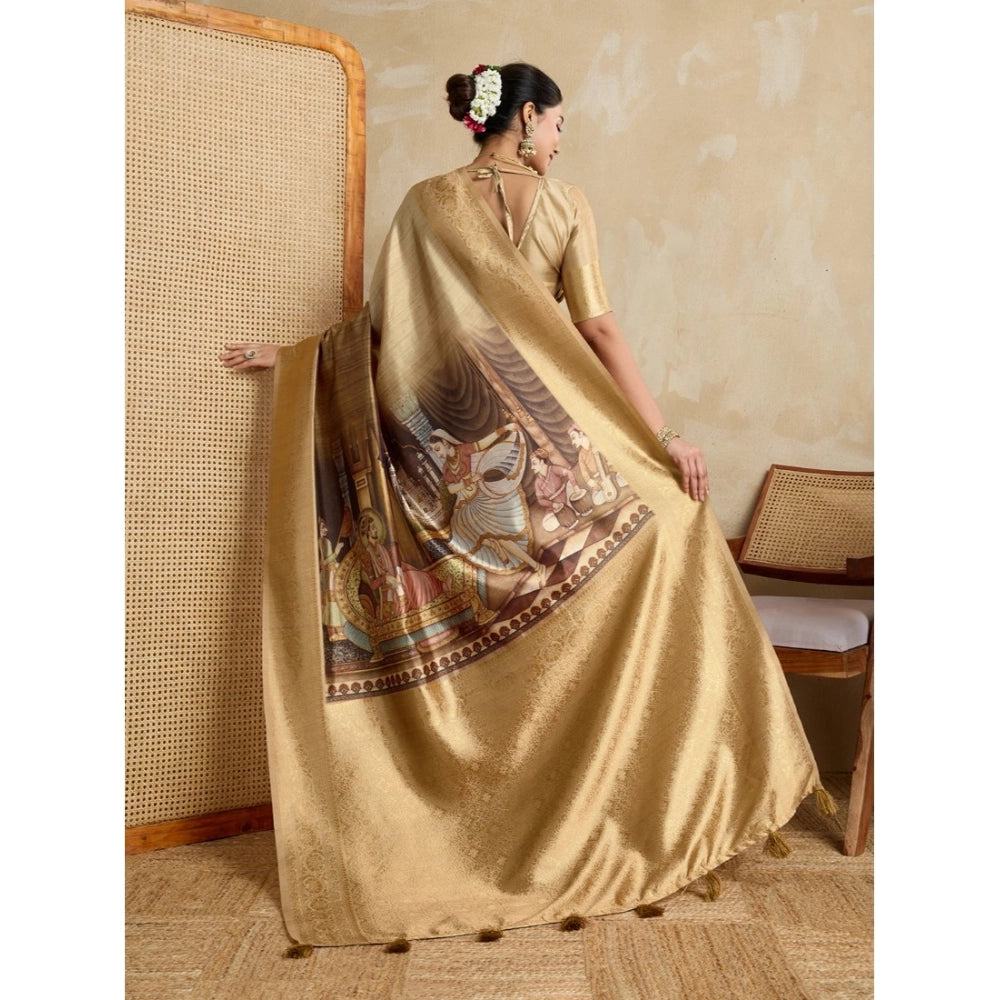 Women's Silk Printed Saree With Unstitched Blouse 5.5Mtr (Gold)