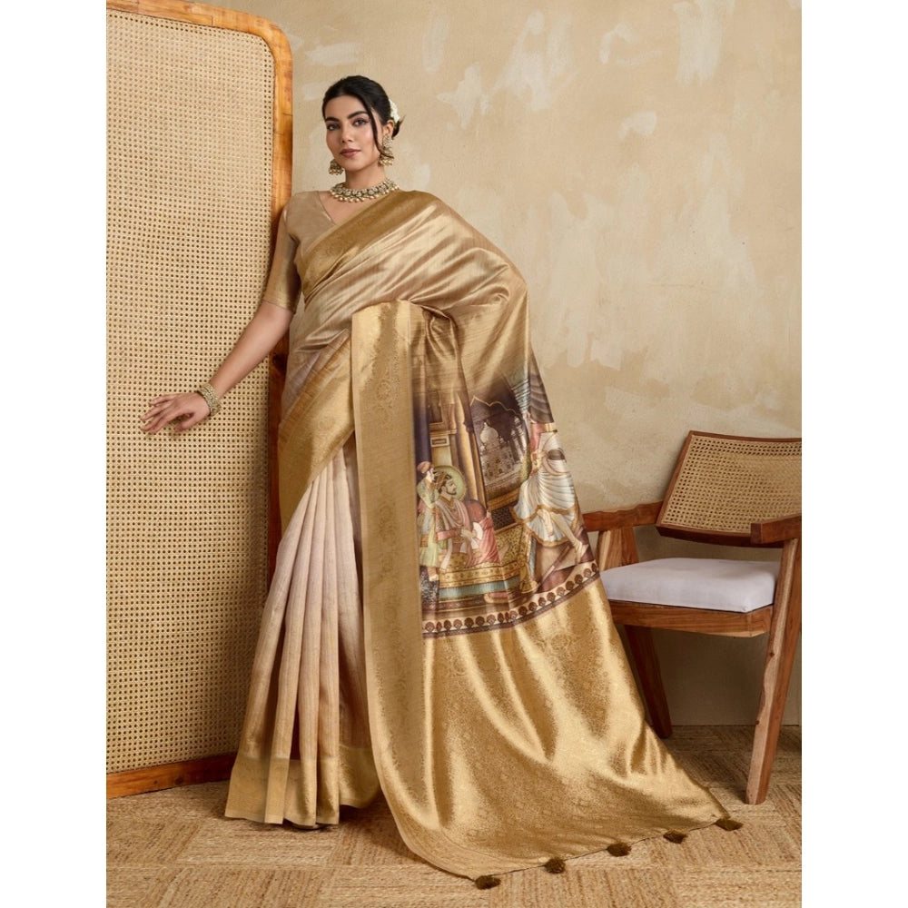 Women's Silk Printed Saree With Unstitched Blouse 5.5Mtr (Gold)