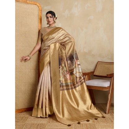 Women's Silk Printed Saree With Unstitched Blouse 5.5Mtr (Gold)