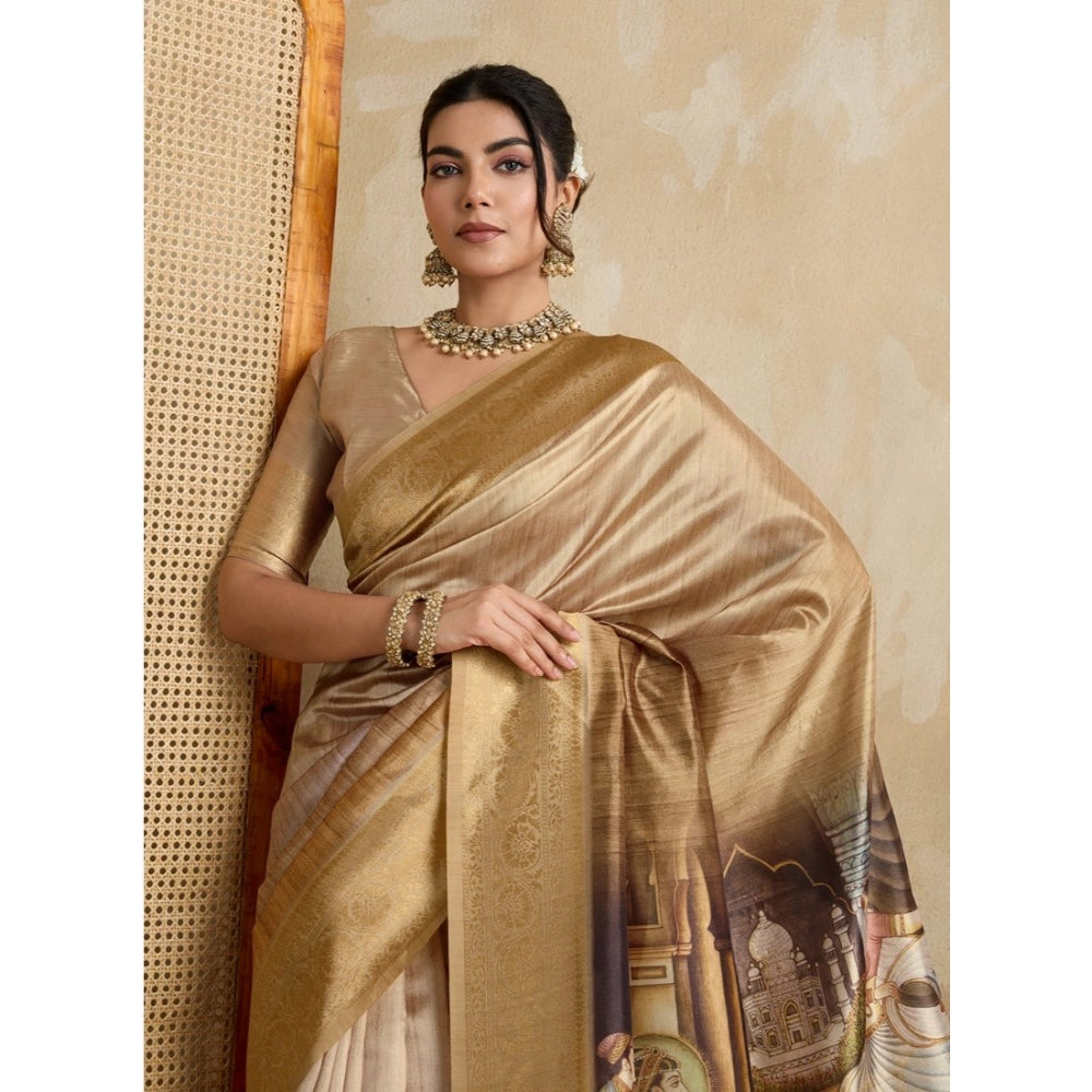Women's Silk Printed Saree With Unstitched Blouse 5.5Mtr (Gold)