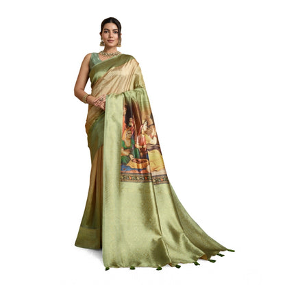Women's Silk Printed Saree With Unstitched Blouse 5.5Mtr (Mehendi)