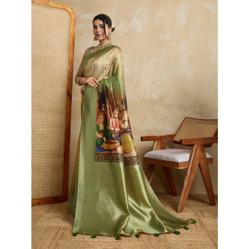 Women's Silk Printed Saree With Unstitched Blouse 5.5Mtr (Mehendi)