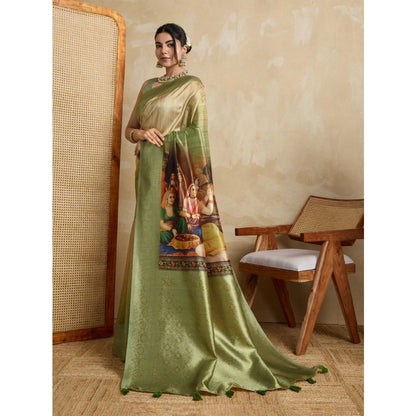 Women's Silk Printed Saree With Unstitched Blouse 5.5Mtr (Mehendi)