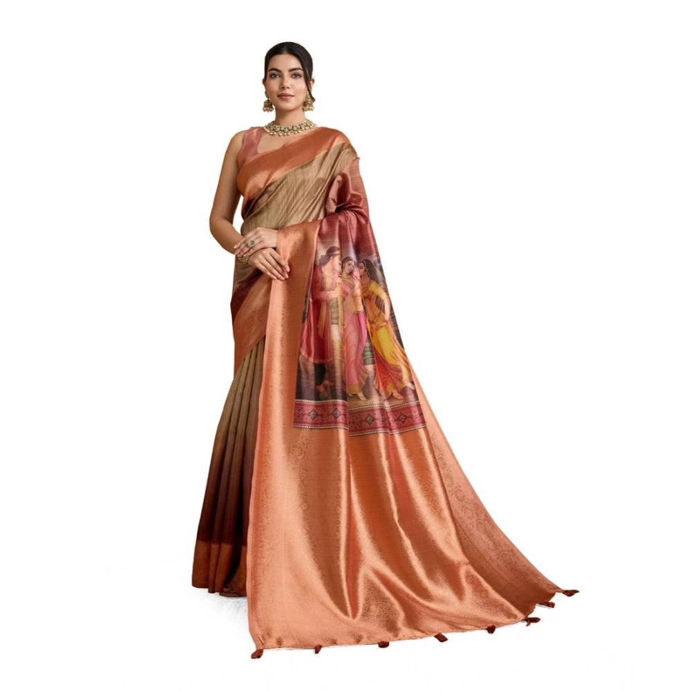 Women's Silk Printed Saree With Unstitched Blouse 5.5Mtr (Peach)