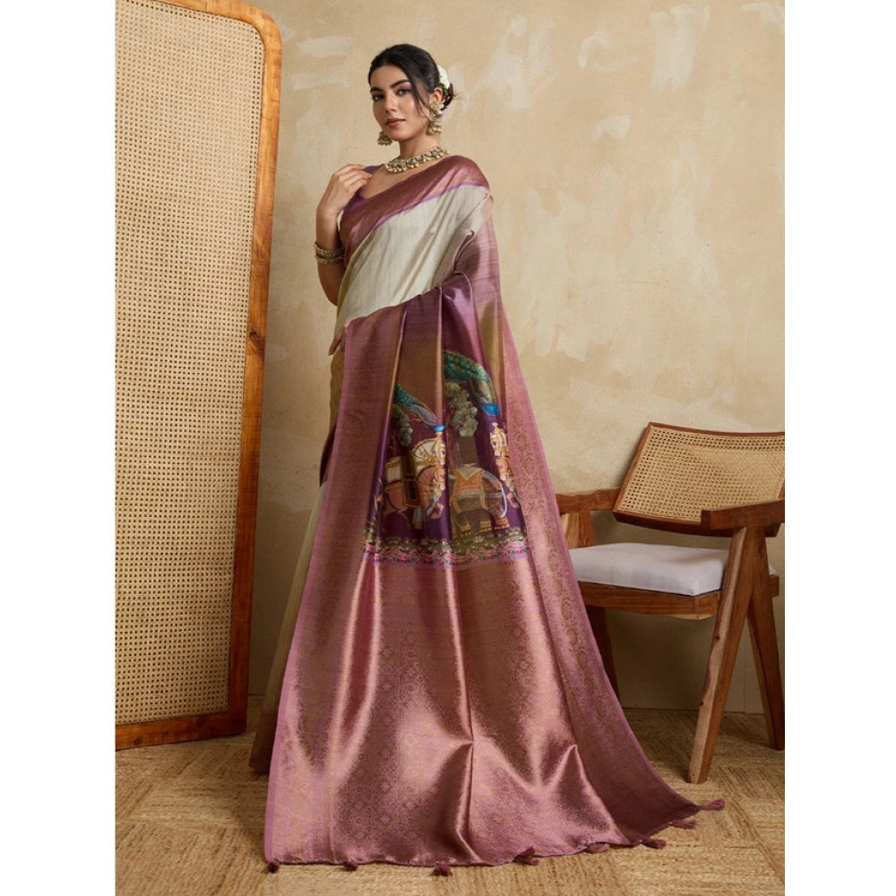 Women's Silk Printed Saree With Unstitched Blouse 5.5Mtr (Wine)