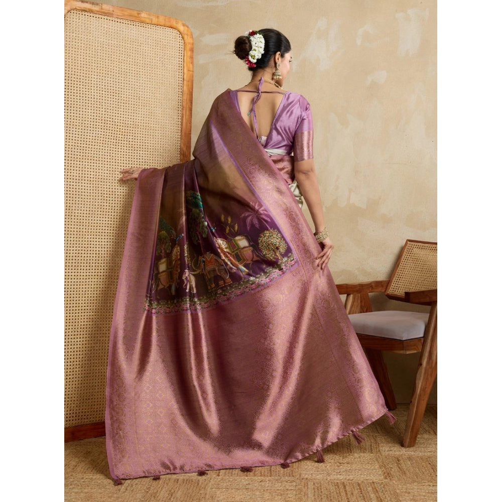 Women's Silk Printed Saree With Unstitched Blouse 5.5Mtr (Wine)