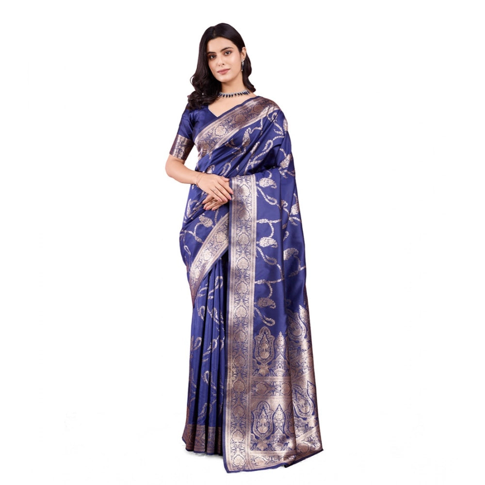 Women's Banarasi Silk Printed Saree With Unstitched Blouse 5.5Mtr (Blue)