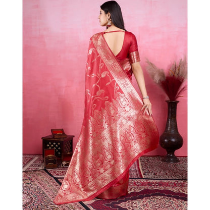 Women's Banarasi Silk Printed Saree With Unstitched Blouse 5.5Mtr (Red)