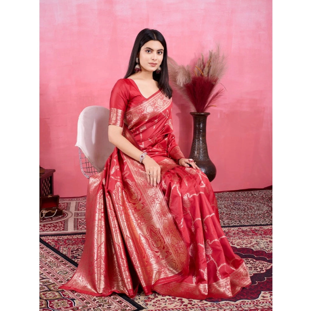 Women's Banarasi Silk Printed Saree With Unstitched Blouse 5.5Mtr (Red)