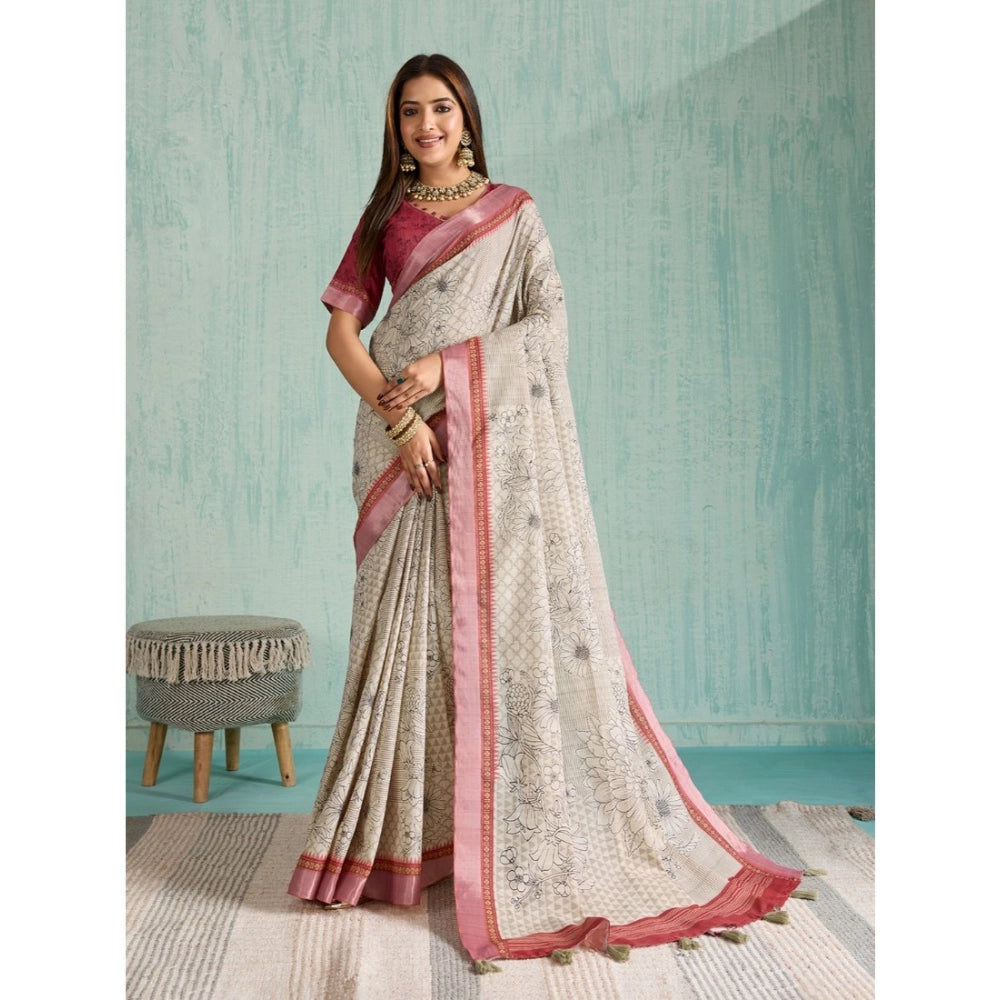 Women's Silk Blend Printed Saree With Unstitched Blouse 5.5Mtr (Beige)