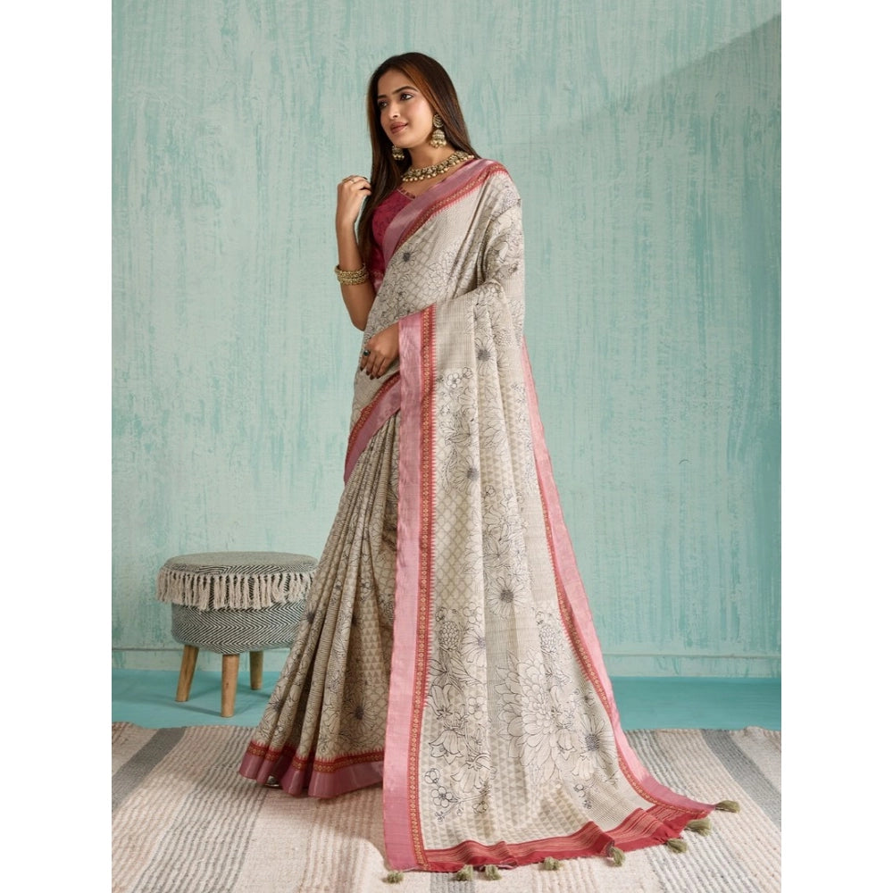 Women's Silk Blend Printed Saree With Unstitched Blouse 5.5Mtr (Beige)