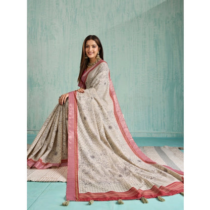 Women's Silk Blend Printed Saree With Unstitched Blouse 5.5Mtr (Beige)