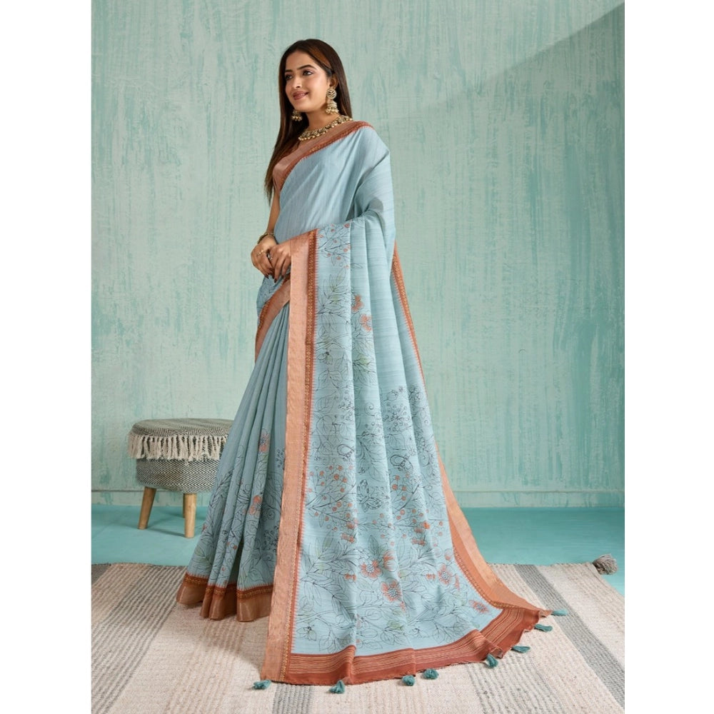 Women's Silk Blend Printed Saree With Unstitched Blouse 5.5Mtr (Blue)