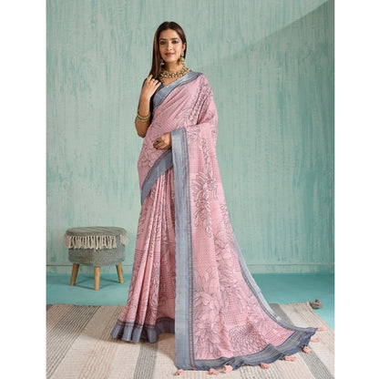 Women's Silk Blend Printed Saree With Unstitched Blouse 5.5Mtr (Pink)
