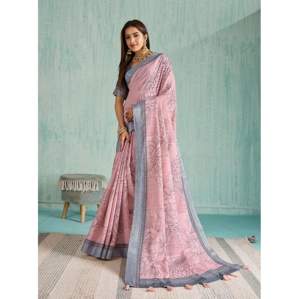 Women's Silk Blend Printed Saree With Unstitched Blouse 5.5Mtr (Pink)