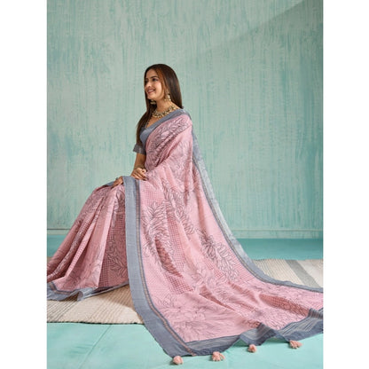 Women's Silk Blend Printed Saree With Unstitched Blouse 5.5Mtr (Pink)