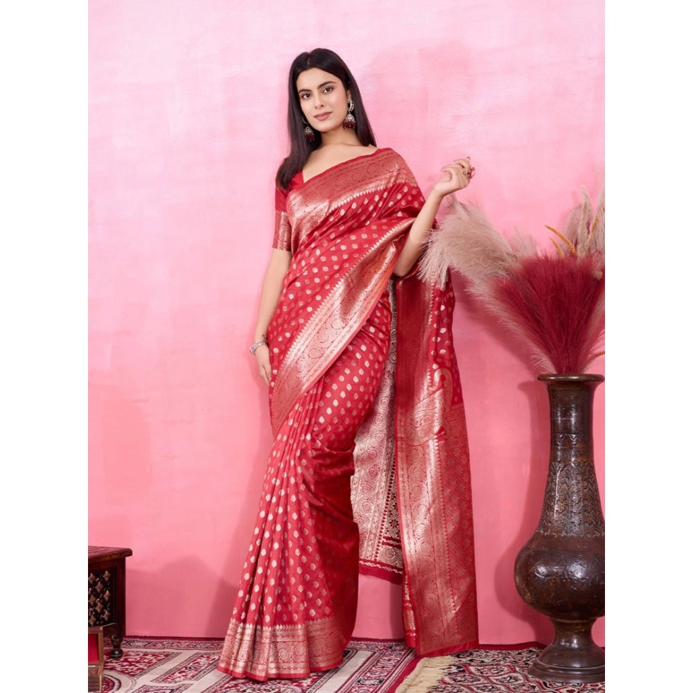 Women's Banarasi Silk Printed Saree With Unstitched Blouse 5.5Mtr (Red)